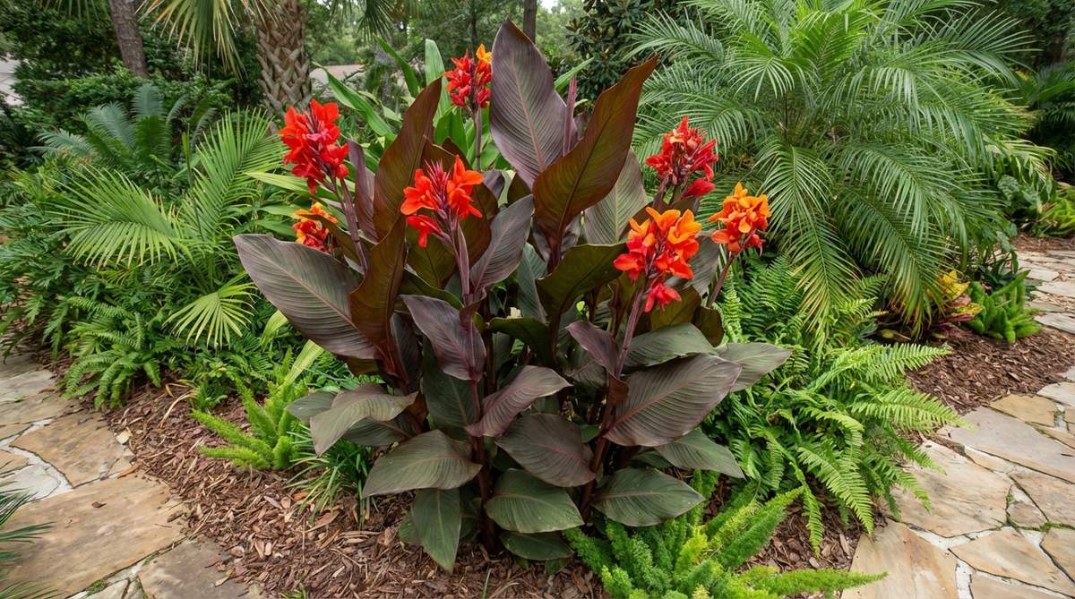 A vibrant canna lily plant with tall, banana-like foliage in bronze or burgundy tones and bright red or orange blooms, adding mid-level vertical color in a tropical garden setting.