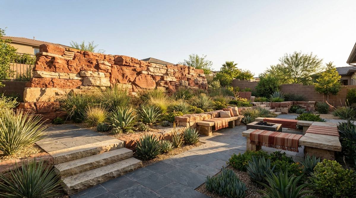 A dramatic and naturally grounded earthy tones decor palette featuring russet red-clay, sandy beige, and charcoal gray, inspired by desert canyon rock formations. Ideal for statement walls, textiles, and natural stone accents like slate and limestone.