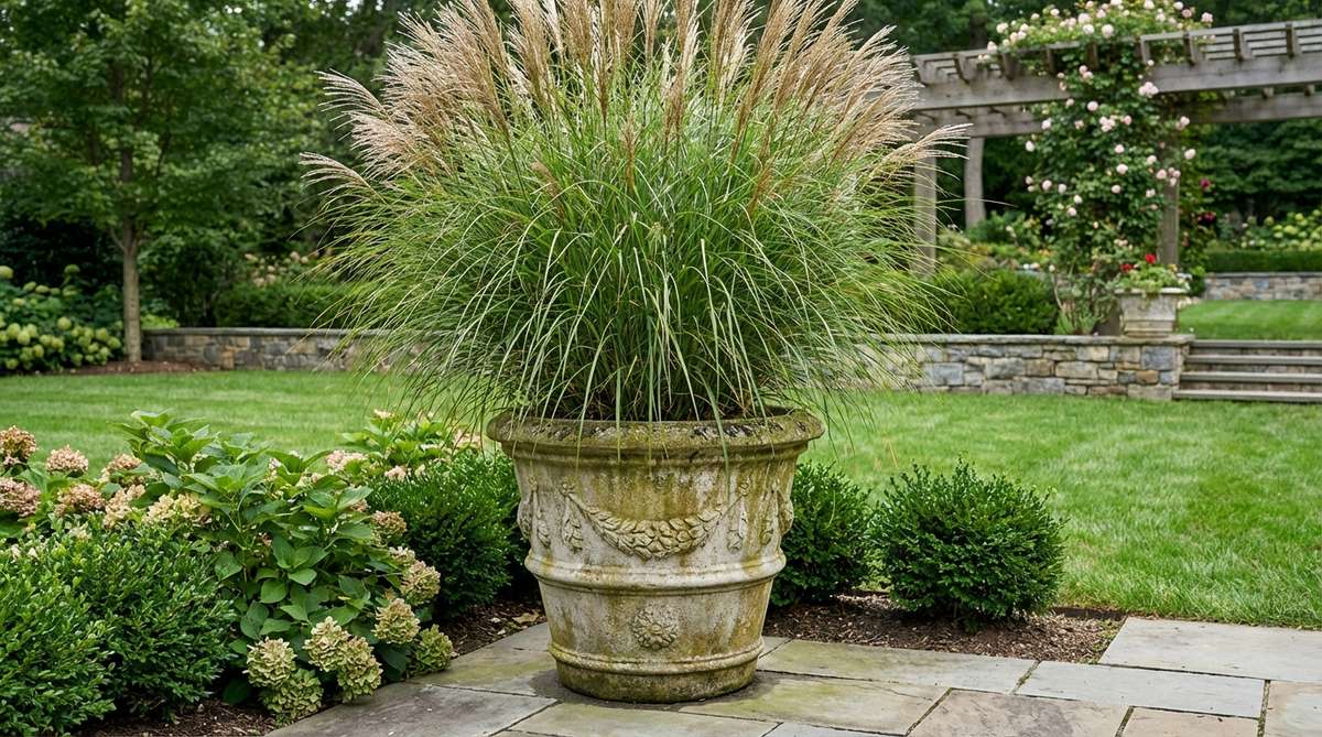 A durable cast stone aggregate planter with traditional design, featuring authentic stone texture that develops natural patina over time. Ideal for permanent outdoor placement with stability for tall plants.