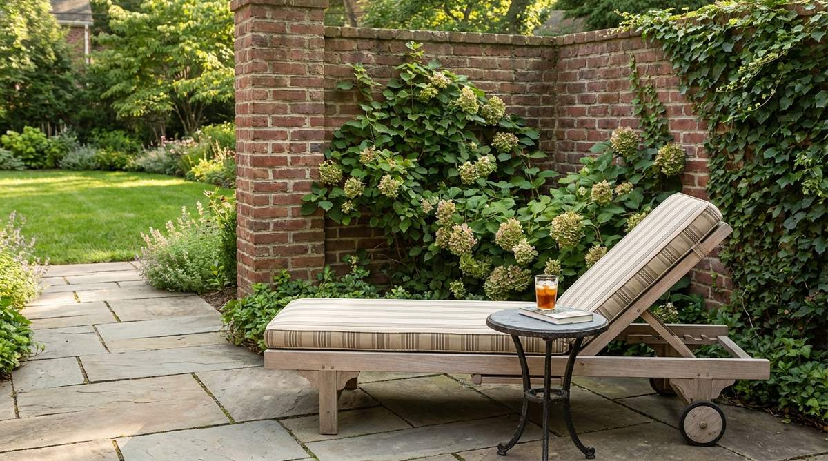 A compact chaise lounge positioned parallel to a corner wall in a cozy garden setting, with open access on the perpendicular side. The reclined position is ideal for sunbathing or reading, featuring an adjustable back for custom recline angles and a small drink table placed at the head for added functionality.