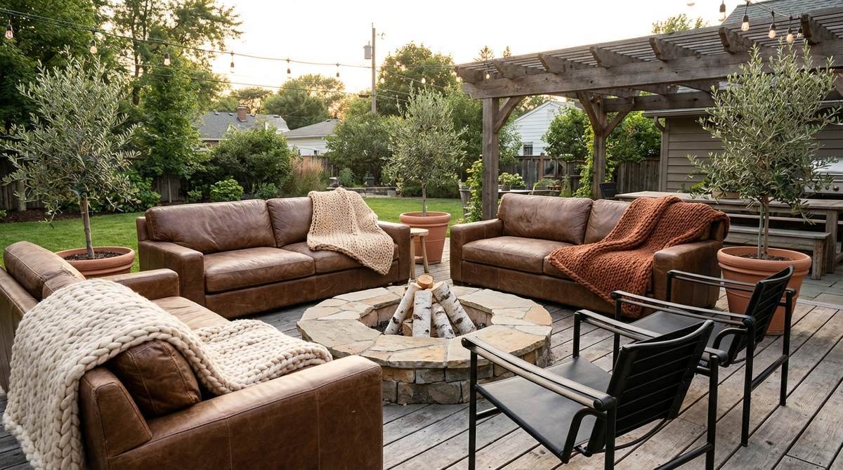 An image showcasing chunky knit throws in neutral or warm tones draped over leather sofas or metal chairs, highlighting the textural contrast and cozy, sophisticated aesthetic of industrial boho decor.