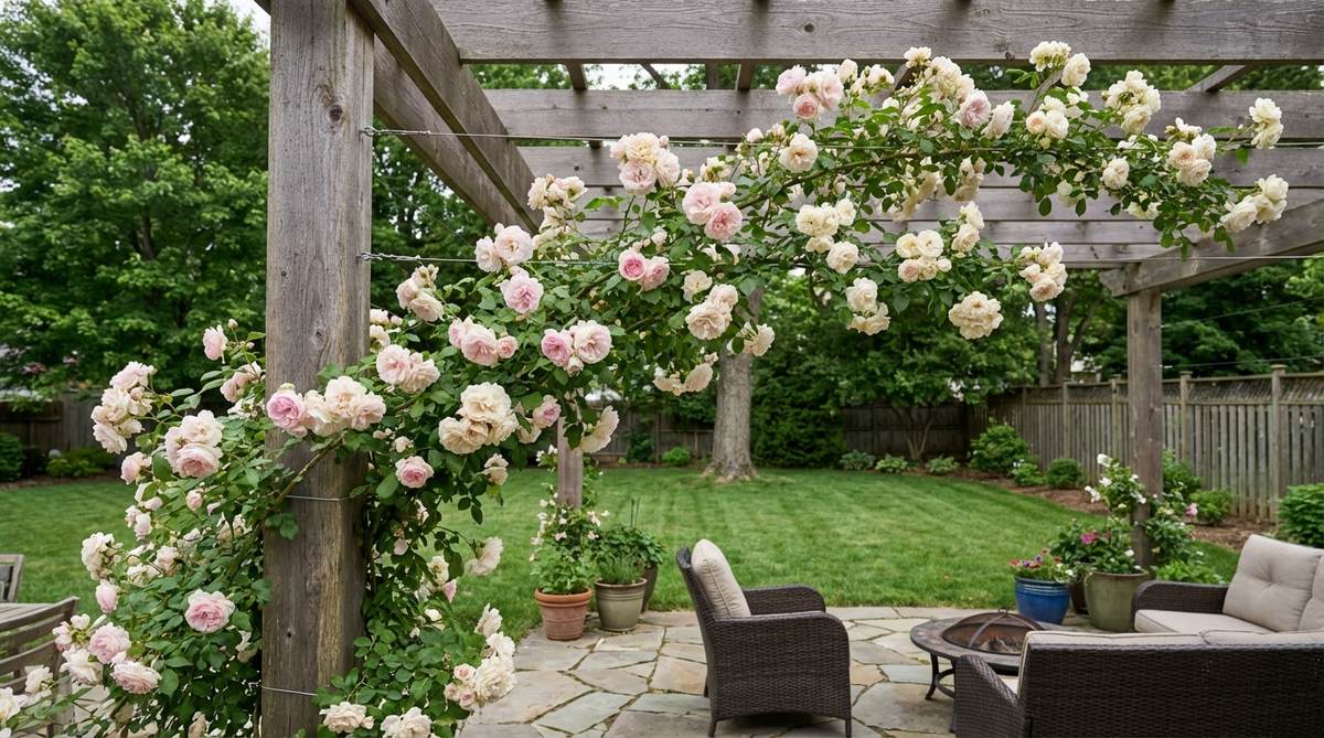 A vibrant climbing rose trained horizontally along a pergola post and overhead beam, showcasing fragrant blooms of varieties like 'New Dawn' and 'Cecile Brunner' in a garden setting, with wires or lattice guiding the canes for optimal flowering.