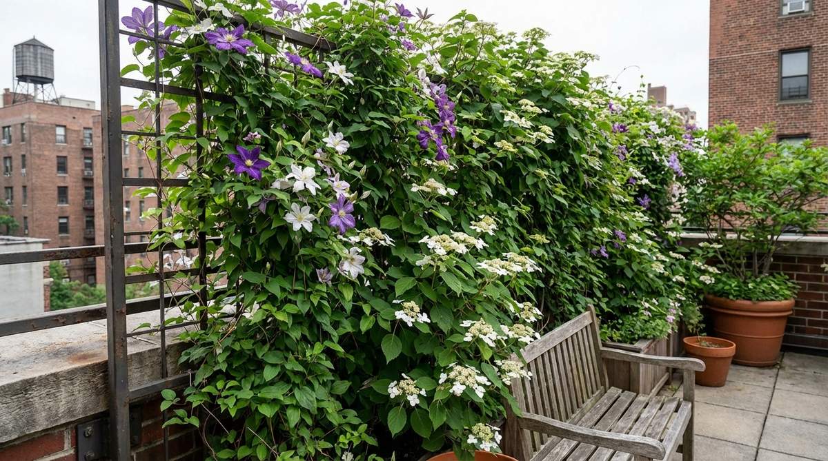 A lush climbing vine privacy wall on a NYC balcony featuring clematis and climbing hydrangea trained on a railing-mounted trellis, creating a living screen with seasonal blooms and coverage.