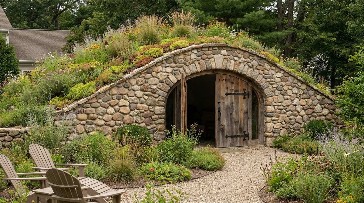 A detailed image showing a cobblestone garden vault with curved arches made from decorative river cobbles, topped by a living roof planted with sedums and wildflowers, and featuring a reclaimed wooden door with wrought-iron hardware as an inviting entrance.