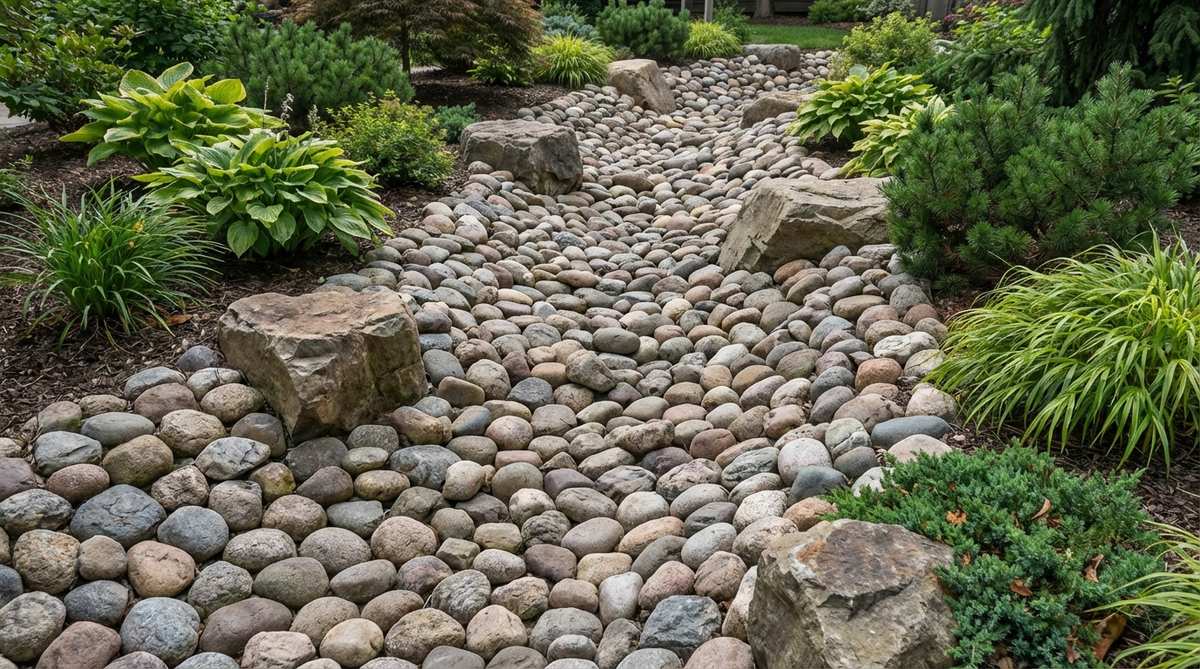 A detailed view of a garden rock design featuring densely packed cobblestones in the 3-6 inch range, arranged diagonally across a creek bed to create turbulent water effects and suggest current direction. Larger accent rocks are interspersed, protruding above the cobblestone matrix to break the visual plane and add dimensional complexity to the dry streambed.