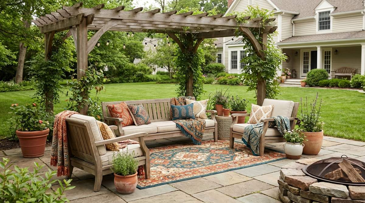 A boho decor style image showing how different patterns with shared colors like burnt orange, deep teal, cream, and gold create cohesive compositions through color repetition.