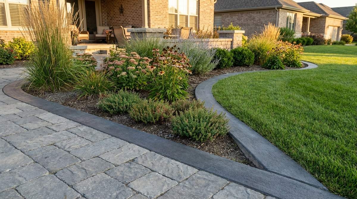A modern garden border featuring colored concrete ribbon edging in earth tones like terra cotta or contemporary shades such as charcoal. The narrow, 4-6 inch wide ribbon integrates seamlessly with paver walkways and complements planting palettes, offering a durable, low-maintenance solution that coordinates with brick, natural stone, or modern architecture.