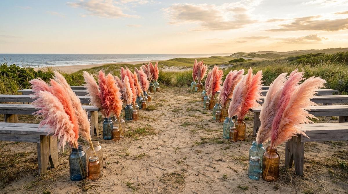 Dyed pampas grass plumes in pink, coral, and blush tones arranged in tinted glass jars for outdoor wedding decor. The feathery textures create natural movement with air currents, perfect for bohemian-themed ceremonies on beach or meadow sites. Varying jar heights adds gentle visual undulation along aisle edges.