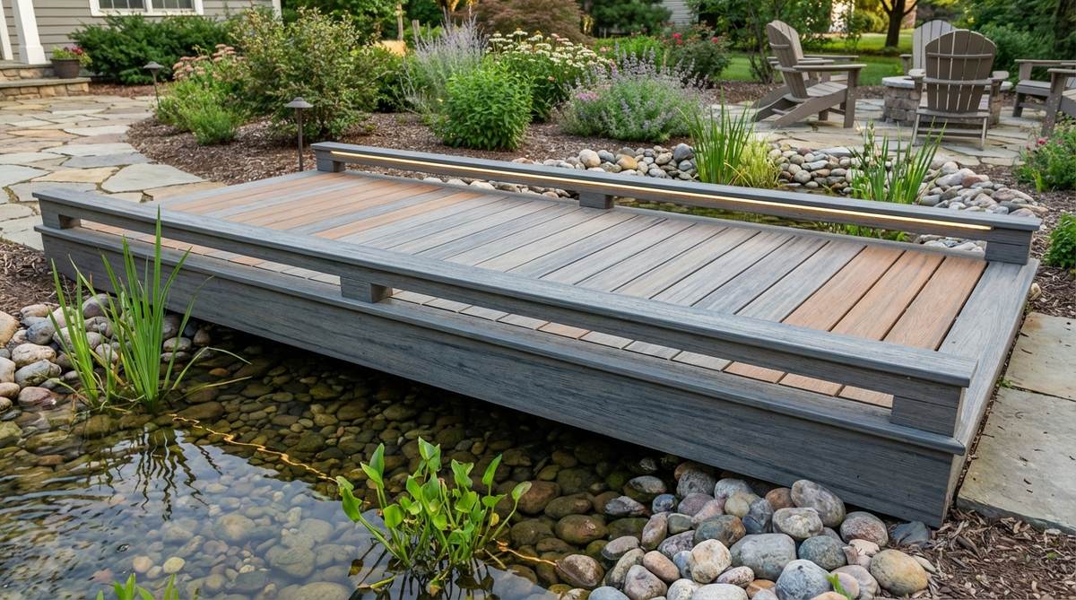 A low-profile composite deck floating bridge spanning a shallow water feature in a small garden, appearing to hover just inches above the surface with clean lines and modern colorways that resist rot and fading.