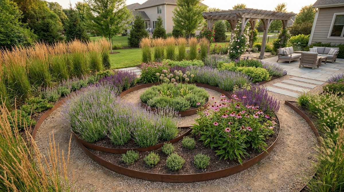 A modern garden featuring concentric ring plantings arranged in the Flower of Life pattern, showcasing layered circular beds with taller plants in outer rings and shorter varieties toward the center. This innovative layout optimizes plant spacing, increases yields by up to 30%, and simplifies irrigation and maintenance access in contemporary garden design.