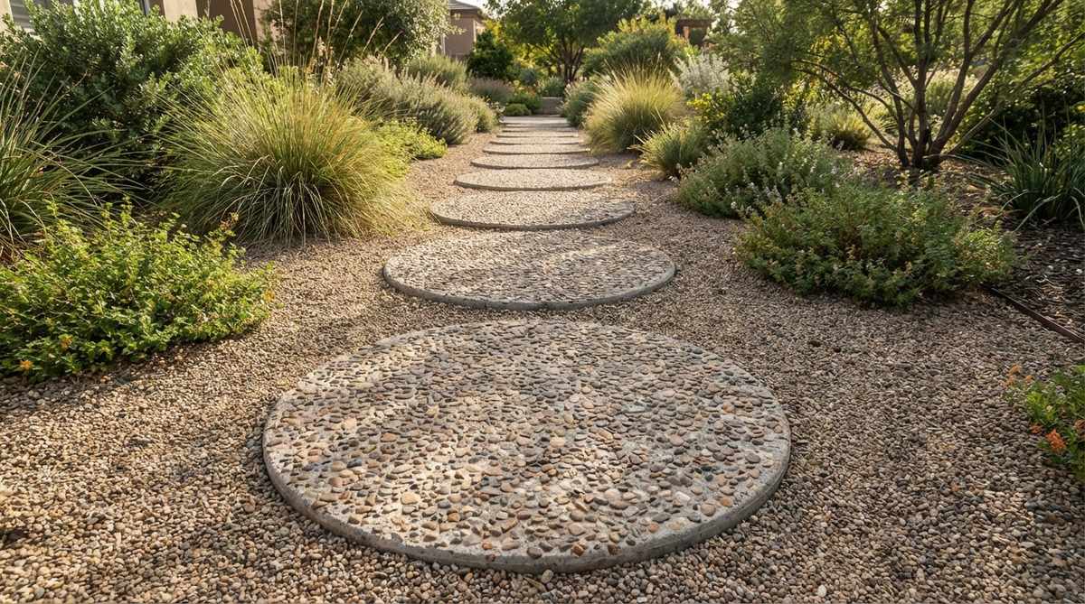DIY concrete stepping stones with exposed aggregate surface, showing 20-inch diameter rounds with small stones embedded for texture and slip resistance. The stones match surrounding gravel for a cohesive garden pathway design.