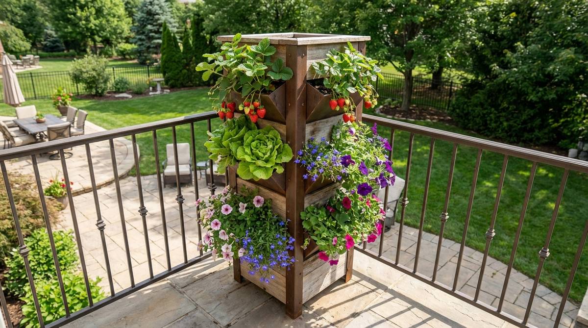 A vertical corner tower planter with stacked planting pockets spiraling around a central support pole, ideal for growing strawberries, lettuce, or cascading flowers in balcony gardens to maximize harvests from minimal floor space.