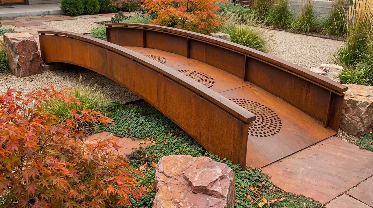 A modern Zen garden bridge featuring thick-walled corten steel plates forming a self-supporting structure up to 26 feet long, topped with ipe or teak hardwood cap rails. The bridge displays the characteristic rust-orange patina of weathering steel that develops naturally over time, complementing autumn foliage and reddish stone surroundings. Perforated dot patterns in the deck plates provide slip resistance while allowing light and rain to reach plantings below. This industrial aesthetic bridge suits minimalist garden designs with clean lines and requires minimal maintenance.