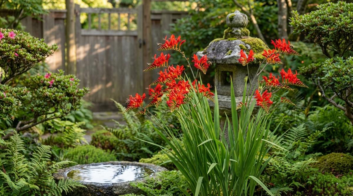 A vibrant close-up of Crocosmia (Montbretia) flowers in a Japanese garden setting, showcasing their exotic red and orange blooms that attract pollinators. The upright flower spikes rise above grass-like foliage, providing vertical accents that complement stone lanterns and water basins, enhancing the garden's tranquil atmosphere during summer.