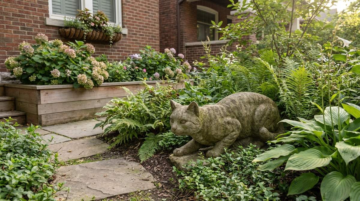 A realistic stone statue of a domestic cat in a hunting crouch position, perfect for small urban gardens, window boxes, or container arrangements. This lifelike sculpture adds personality while serving as a garden guardian to deter wildlife.