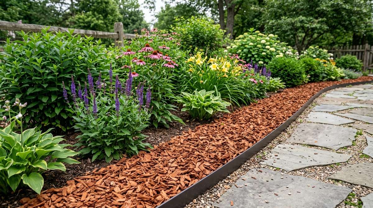 A close-up image showing decorative bark mulch borders in a garden, with reddish-brown ornamental spruce bark spread three to four inches deep around perennial plantings. The bark creates neat, uniform borders that provide warm contrast against green foliage and colorful blooms, edged with metal or timber to contain it within defined areas.