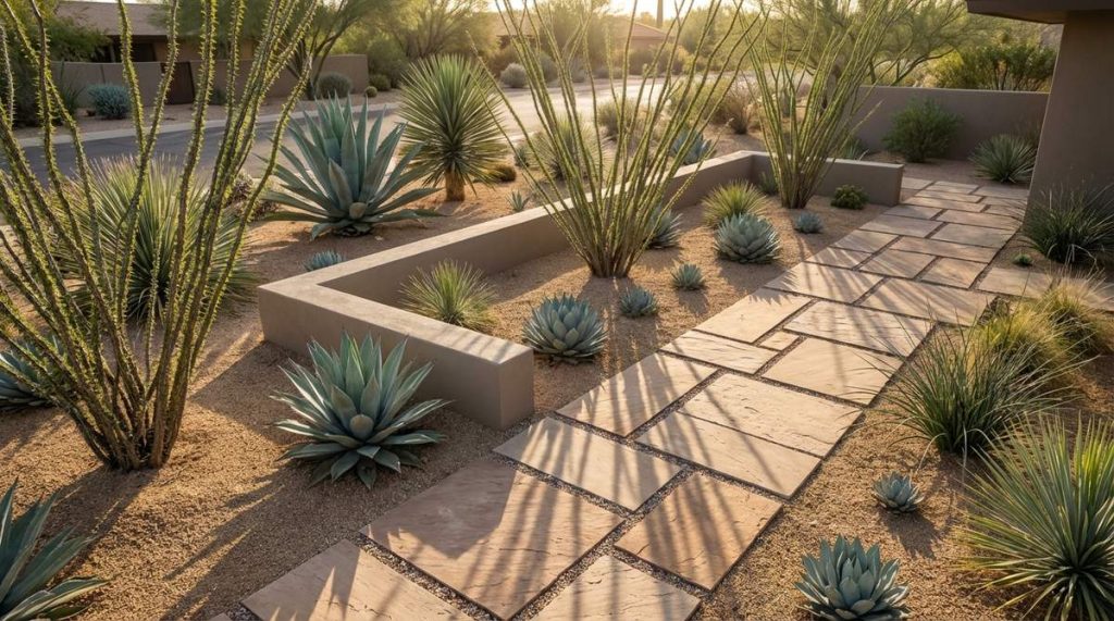 A garden design featuring agave, yucca, and ocotillo plants with striking silhouettes against decomposed granite mulch, showcasing a xeriscaping approach for water conservation. The scene includes straight-lined hardscaping that echoes mid-century architecture, with an earth-toned color palette and blue-gray accents from drought-tolerant selections.