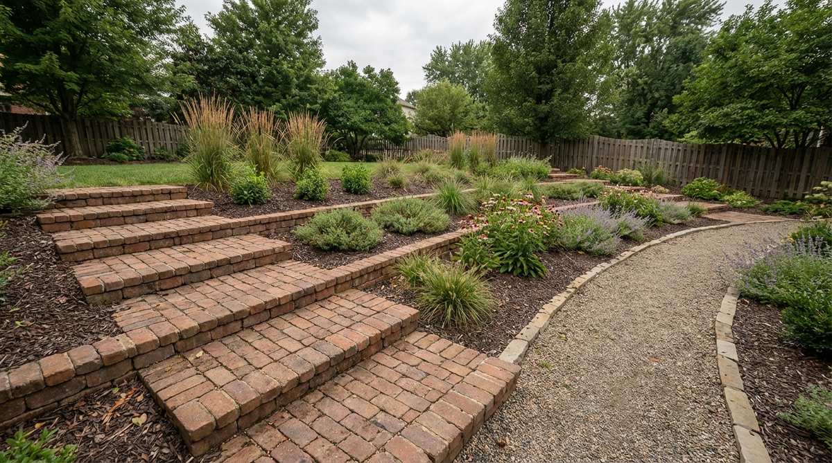An illustration showing bricks arranged at consistent diagonal angles to create a stepped edge along a sloping garden grade, demonstrating how this technique manages elevation changes and prevents erosion while adding visual interest.
