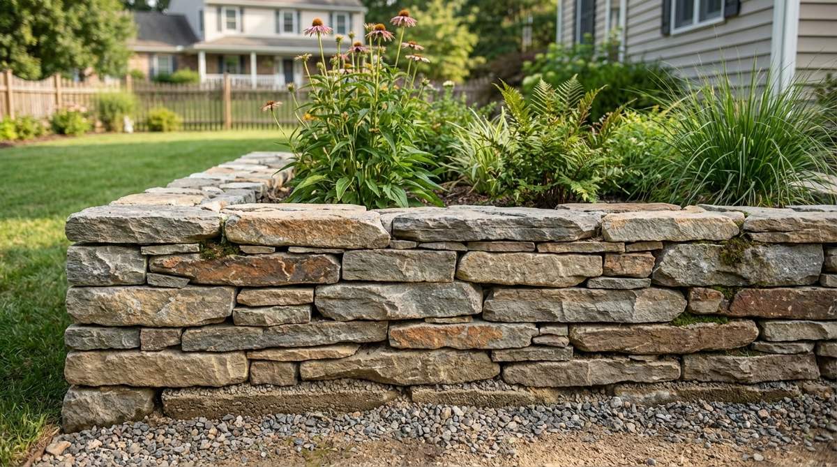 A close-up image showing dry-laid Pennsylvania fieldstone used in a raised bed garden, with flat stones horizontally arranged on compacted sand and gravel, demonstrating excellent drainage and a mortar-free construction technique.