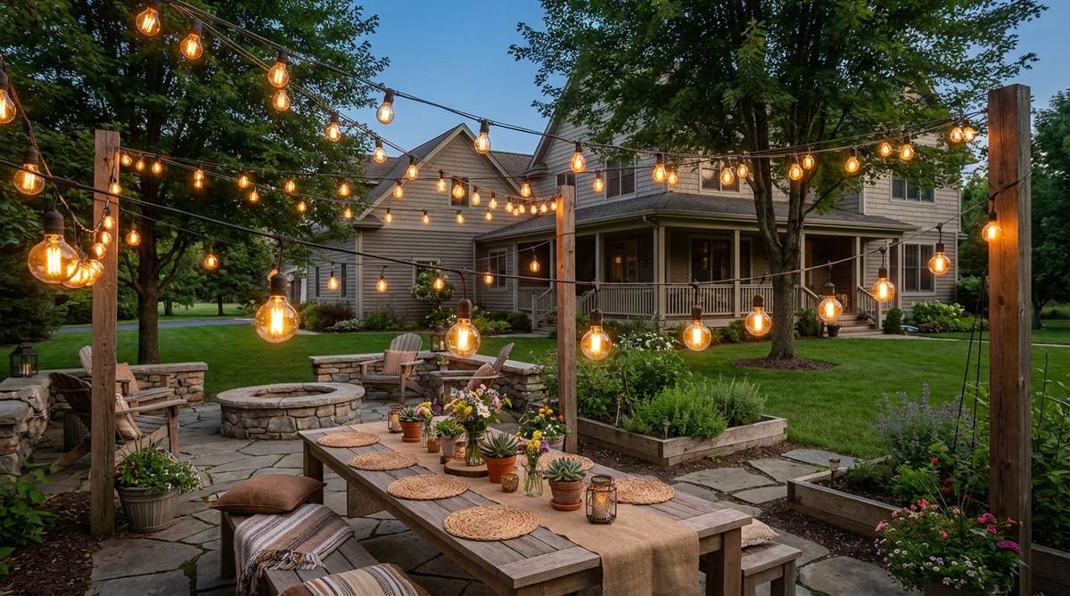 Edison bulb string lights arranged in a crisscross canopy pattern for boho decor birthday celebrations. Vintage-style amber bulbs provide warm, intimate illumination without harsh brightness. Strands positioned at varying heights create dimensional interest, with larger bulbs making a strong visual statement during daylight hours.