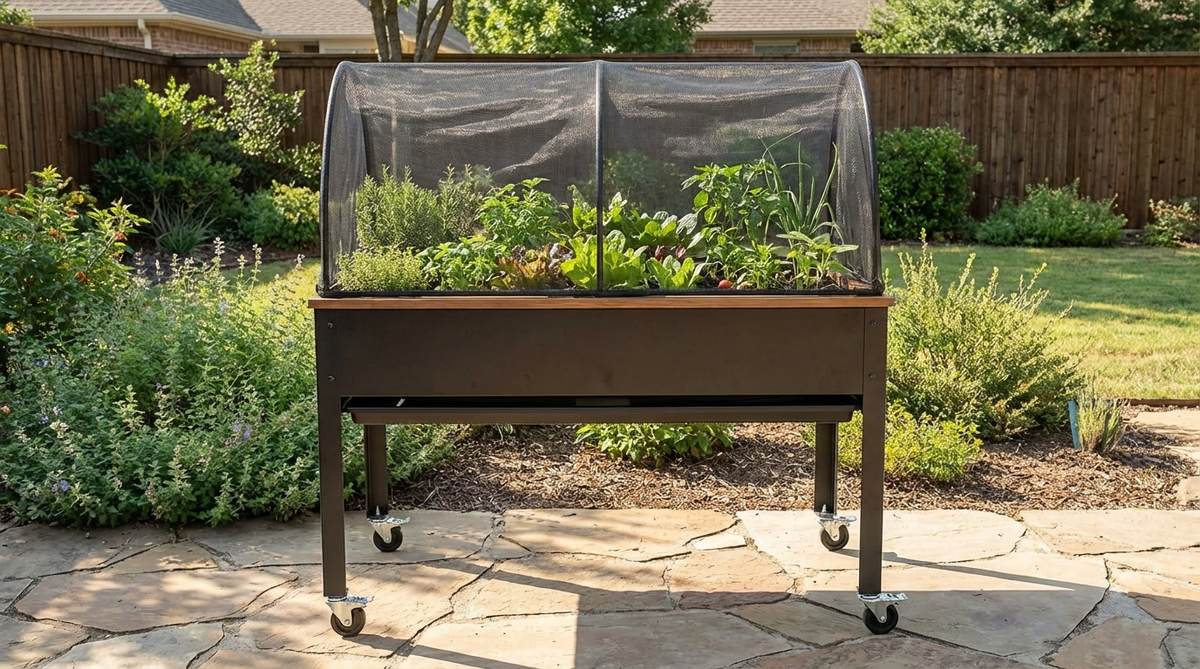 A modern waist-height planter on 36-inch legs with casters, showing accessible gardening at standing level with efficient drainage and pest protection.