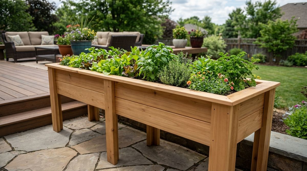 A long, slim table-height raised bed on sturdy legs, perfect for growing salad greens and herbs at waist level. This elevated planter features clean lines and is ideal for decks and patios, providing easy access without bending. It's designed for small garden raised beds, making it suitable for gardeners with mobility needs and accessible entertaining zones.