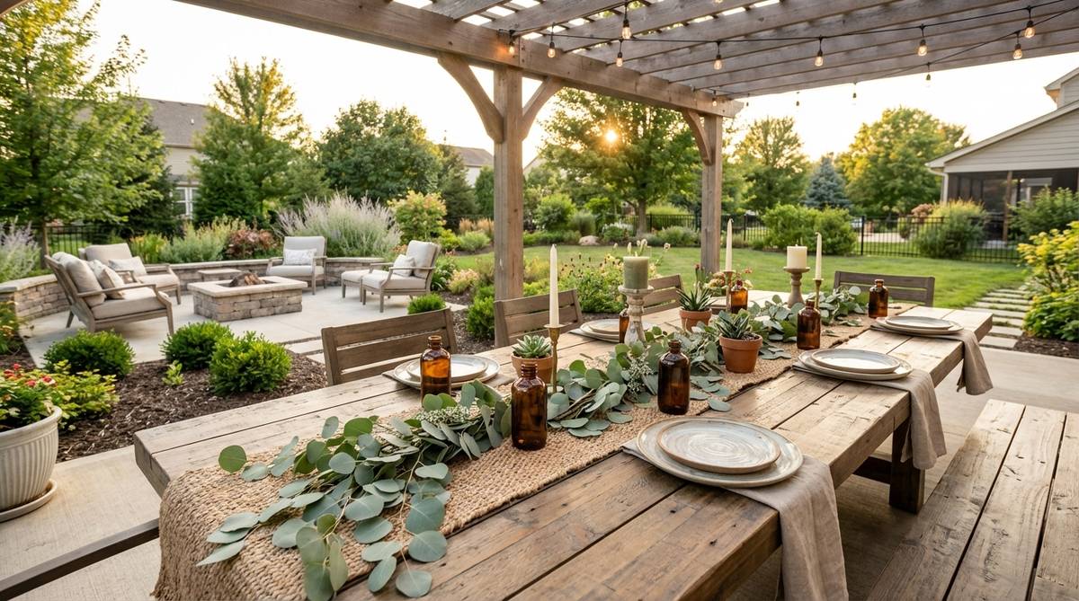 Fresh eucalyptus branches arranged as aromatic table runners, creating textural and fragrant centerpieces for boho-style party decorations.