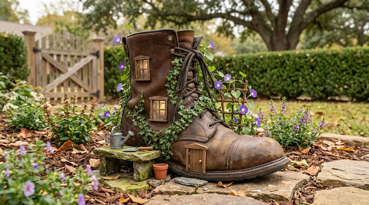A whimsical mini garden shed created from a weathered leather work boot, featuring windows in the shaft and a door in the toe area, with laces serving as climbing structures for miniature ivy and morning glory vines. This vertical, multi-level design appeals to gardeners who enjoy playful storytelling elements in their landscapes, ideal for showcasing tiny tools and accessories.