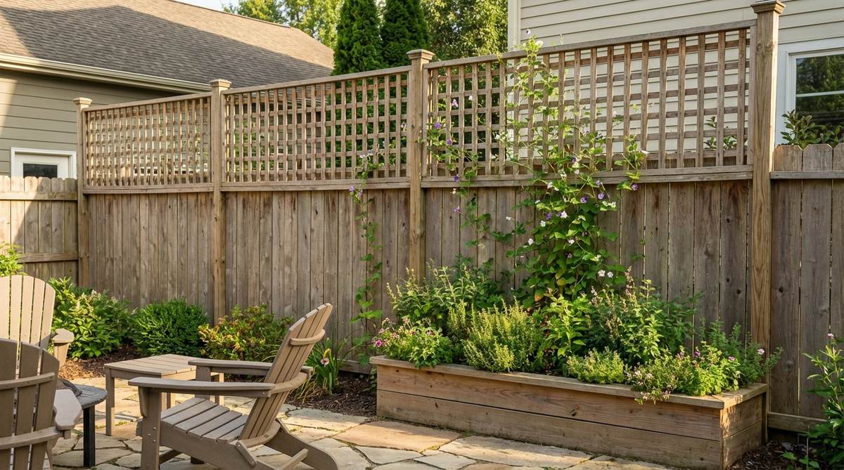 A lattice panel topper extending a privacy fence by 12-24 inches, providing vertical growing space for lightweight annual vines while improving privacy and maximizing sunlight exposure in a small garden setting.