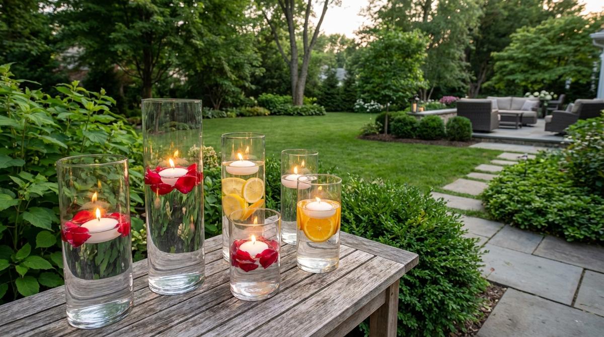 Clear glass cylinders with floating candles and water, enhanced by flower petals or citrus slices, creating an ethereal and modern ambiance for garden tables. Varying heights add dimension, reflecting greenery for elegant decor.