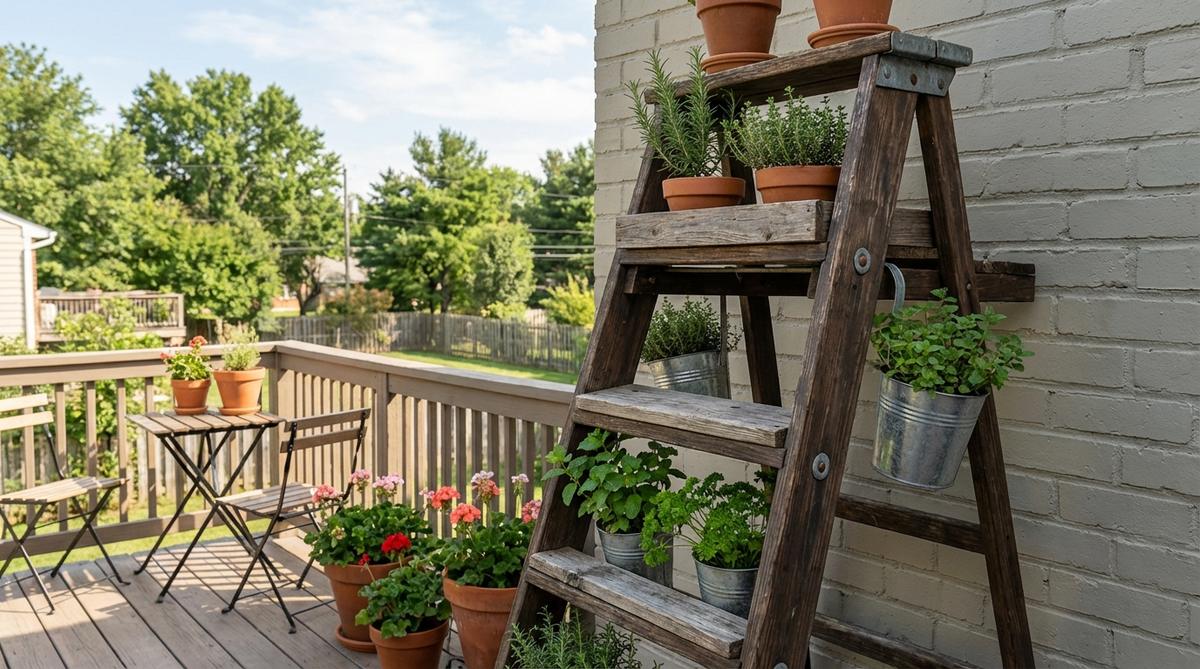 A narrow folding ladder propped against a wall serves as a tiered herb garden backdrop on a balcony, featuring shallow shelf boards across rungs and hanging pots with herbs arranged by sun tolerance. The weather-resistant wood and hardware are designed to withstand rain and UV exposure, offering a flexible, movable structure suitable for renters that can be folded flat for storage or brought indoors during storms or winter.