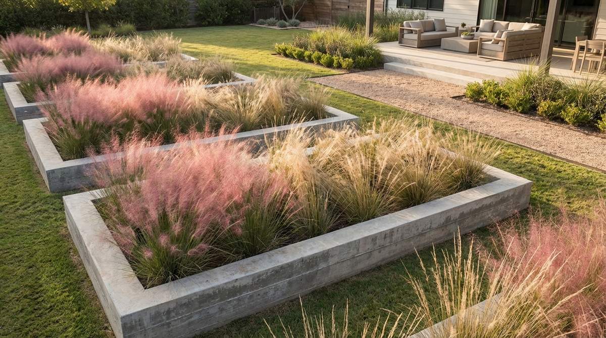 A modern garden design featuring framed ornamental grass blocks, where concrete borders contain masses of ornamental grasses such as Muhlenbergia or fountain grass. The grasses provide movement and softness against the rigid frames, planted in repeating blocks for a contemporary rhythm, trimmed annually to maintain a neat appearance within defined boundaries.