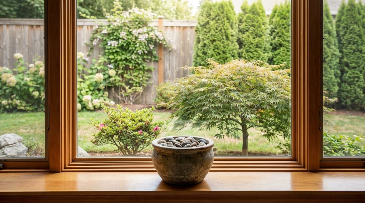 A serene indoor view of a garden through a window, showcasing a composition with a pot or stone in the foreground, a small tree or shrub in the midground, and a fence or tall planting in the background, designed to create a calming and relaxing atmosphere for everyday stress relief.