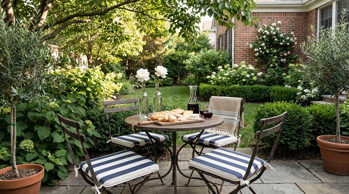 A mini garden party setup inspired by a French bistro, featuring wrought iron furniture with navy and white striped cushions, small table arrangements with single stem flowers in wine bottles, and a presentation of baguette slices, cheese, and wine. The scene evokes Parisian café culture with an understated, sophisticated, and cozy atmosphere suitable for limited spaces.