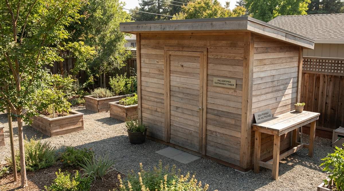 A contemporary garden shed constructed with FSC-certified timber, showcasing sustainable wood like cedar, pine, or Douglas fir. The image highlights responsible forestry practices, with details on the structure's eco-friendly materials and low-VOC finishes for air quality in workshop spaces.