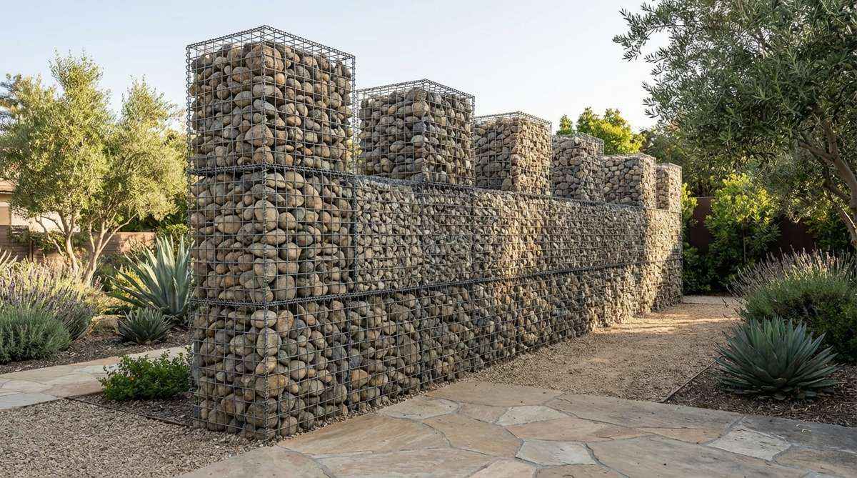 A modular gabion wall constructed from wire mesh cages filled with river rock or crushed stone, creating a substantial privacy barrier with organic texture. The stacked panels achieve custom heights from four to eight feet, integrating beautifully with xeriscape and Mediterranean garden styles while providing excellent sound dampening and thermal mass.
