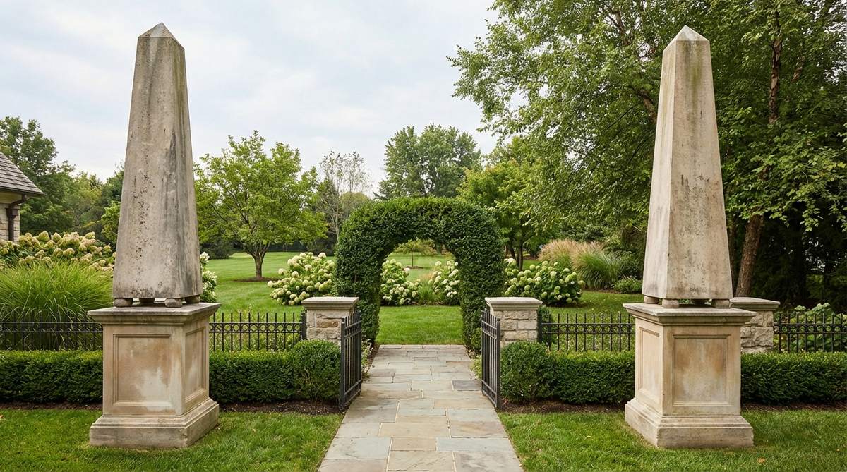 Two identical limestone obelisks positioned symmetrically on either side of a garden gateway, creating a ceremonial entrance sequence. The vertical structures frame the passageway while their height establishes a visible threshold from a distance, with proper spacing and elevated bases for architectural prominence.