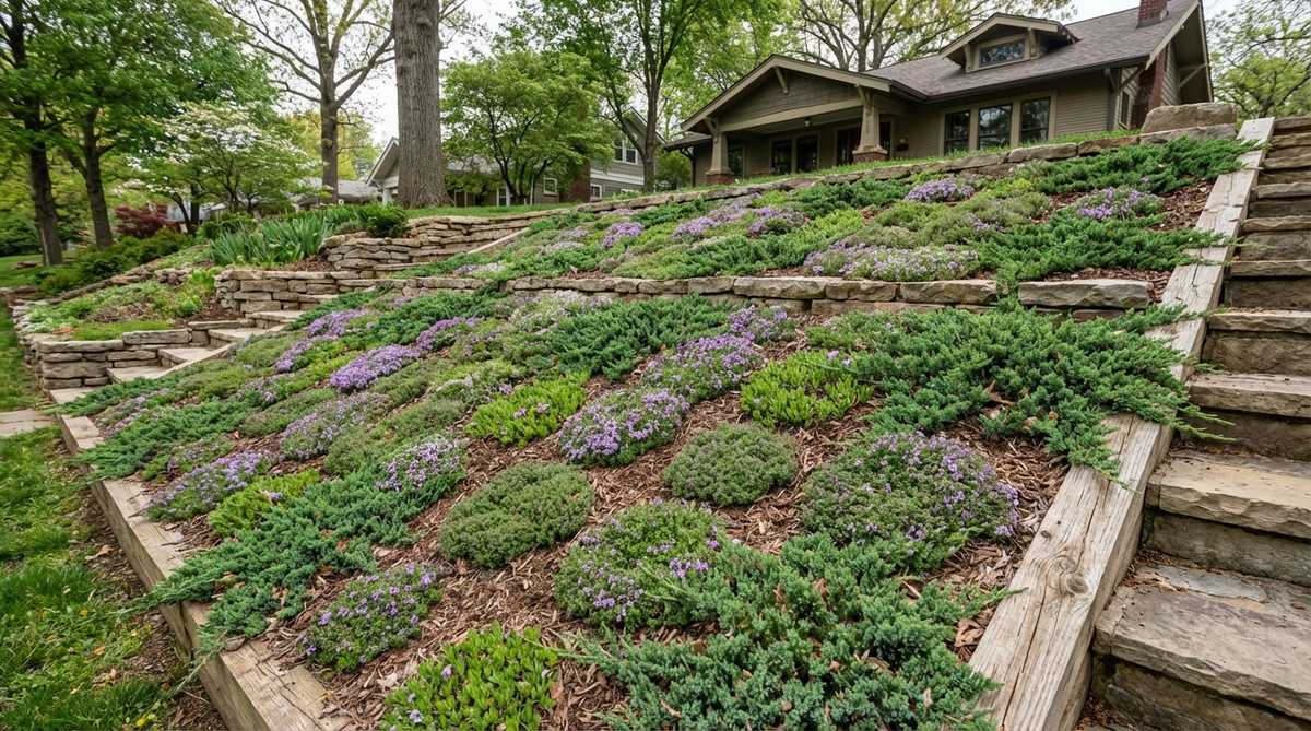 A dense mat of low-spreading groundcover plants like creeping thyme, ice plant, and creeping juniper covering a sloped garden terrace, serving as a living erosion barrier and eliminating the need for mowing. The plants are shown in spring planting with mulch between them, illustrating how they fill in naturally over seasons to create a lush, traffic-tolerant carpet with seasonal blooms.