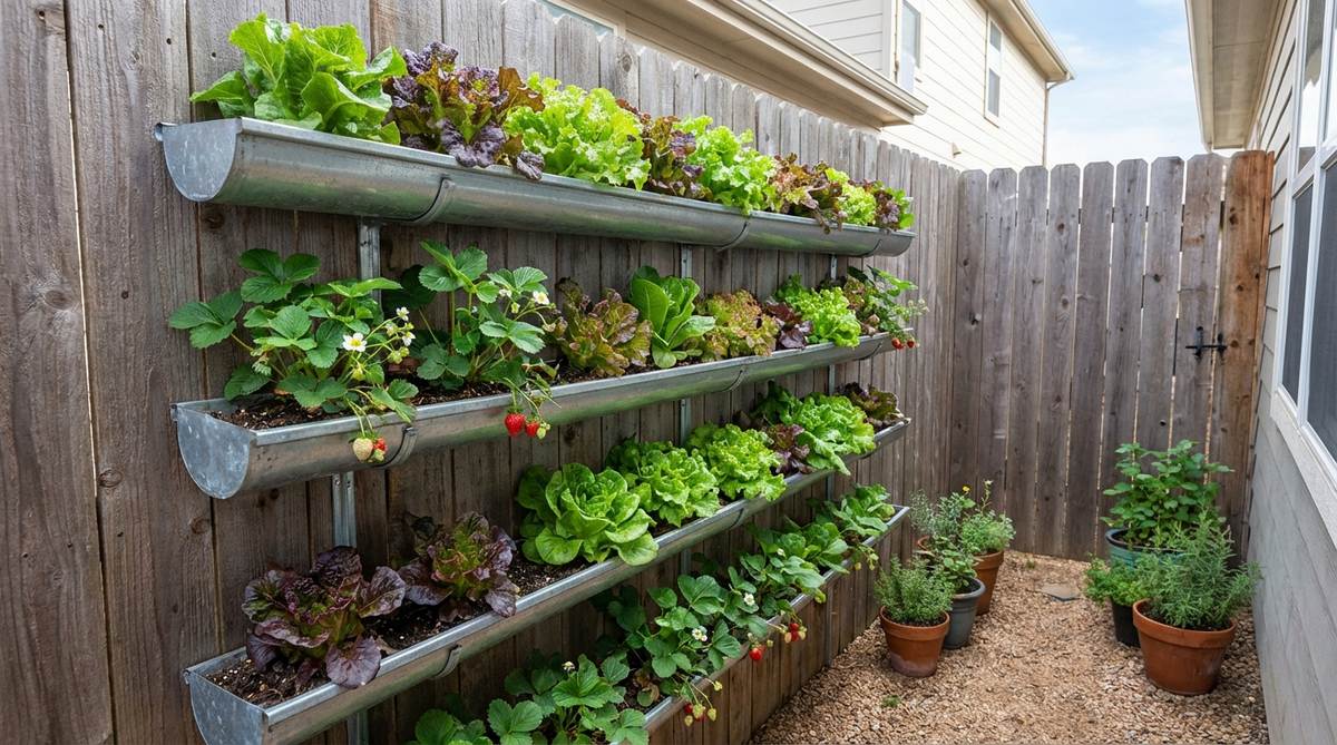 A vertical garden installation using repurposed rain gutters mounted in stacked rows to create tiered planting zones. Shows shallow-rooted plants like lettuce and strawberries growing in the linear planters, ideal for narrow spaces along fences or walls where traditional garden beds cannot fit.