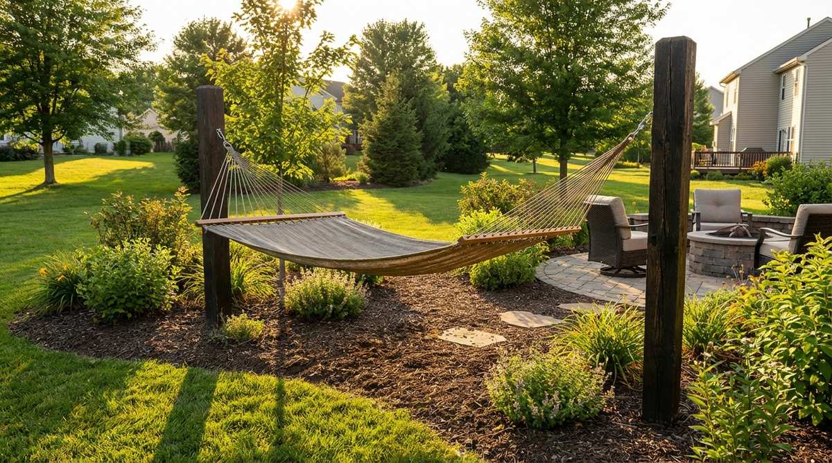 A hammock suspended between heavy-duty posts in a small garden backyard, showcasing minimal floor space usage and a relaxing focal point with weather-resistant materials and spreader bars for stability.