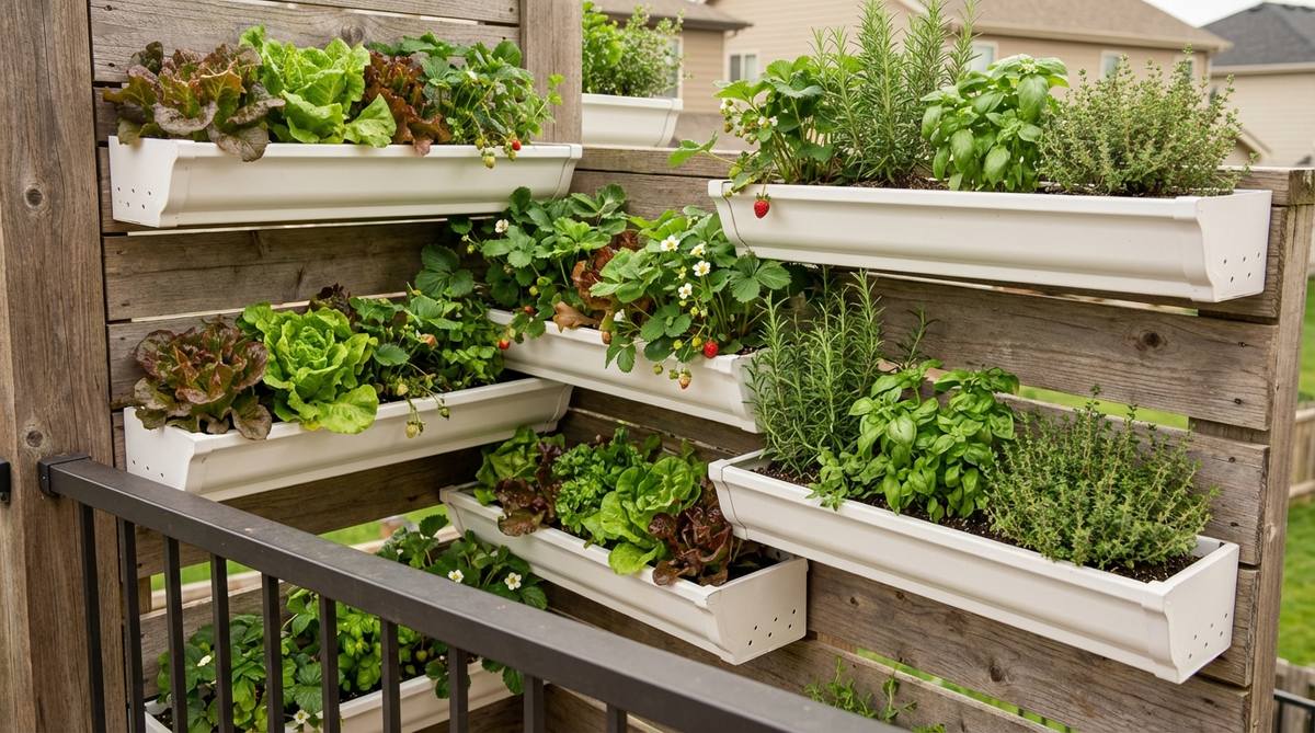 Repurposed vinyl gutters mounted horizontally on a balcony wall as linear planters, with multiple rows at staggered heights creating a cascading display of shallow-rooted plants like lettuce, strawberries, and herbs. The linear format maximizes planting space in narrow balconies where traditional pots won't fit, featuring end caps to seal the channels and drainage holes to prevent waterlogging.
