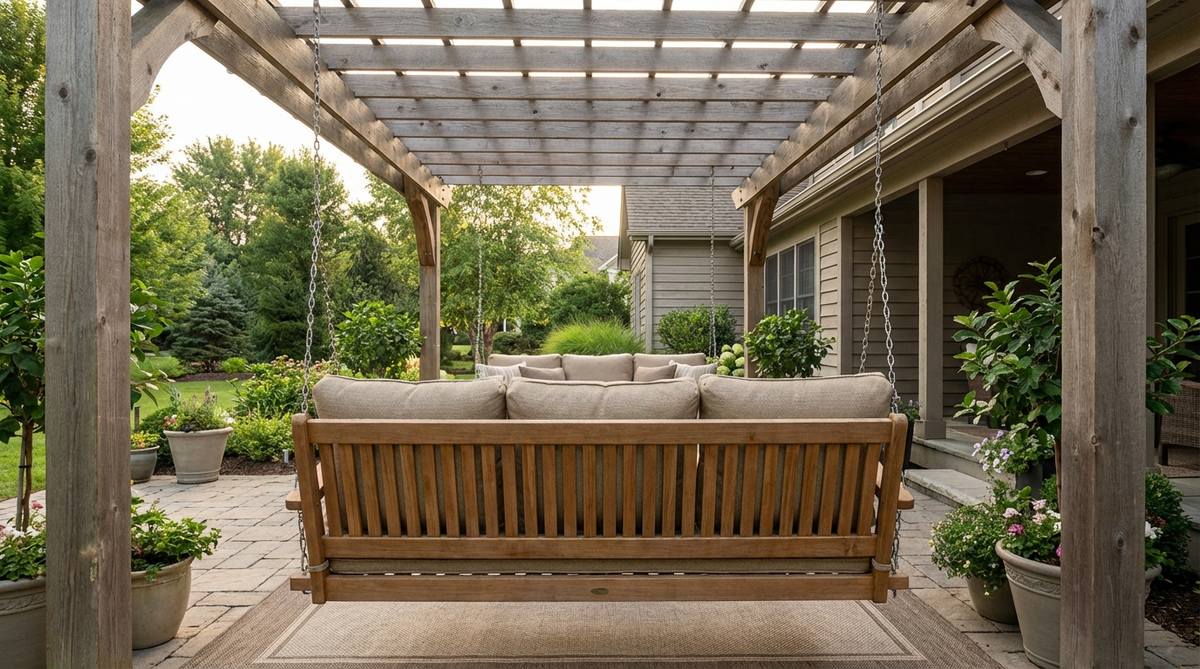 A hanging porch swing bench suspended from a covered porch or pergola, showcasing space-saving seating with removable cushions and weather-resistant construction for small garden furniture solutions.