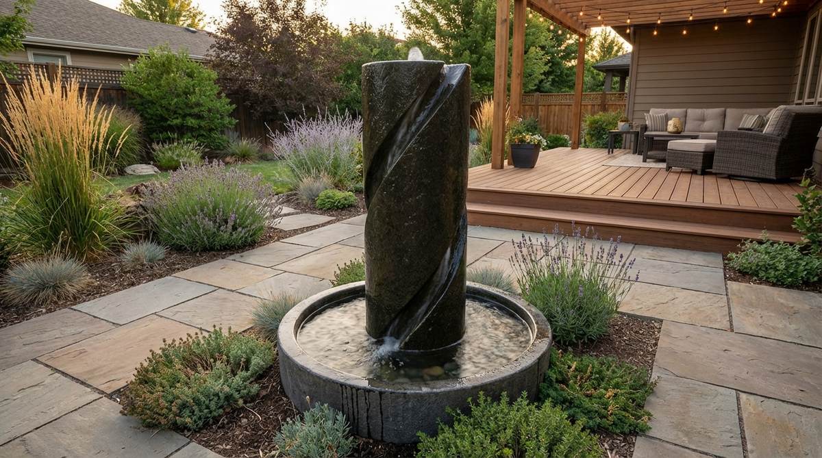 A modern garden fountain featuring a vertical column with a spiral groove that guides water in a helical path from top to bottom. The twisted geometry transforms simple downward flow into a rotating descent, with spiral pitch determining rotation speed and visual complexity.
