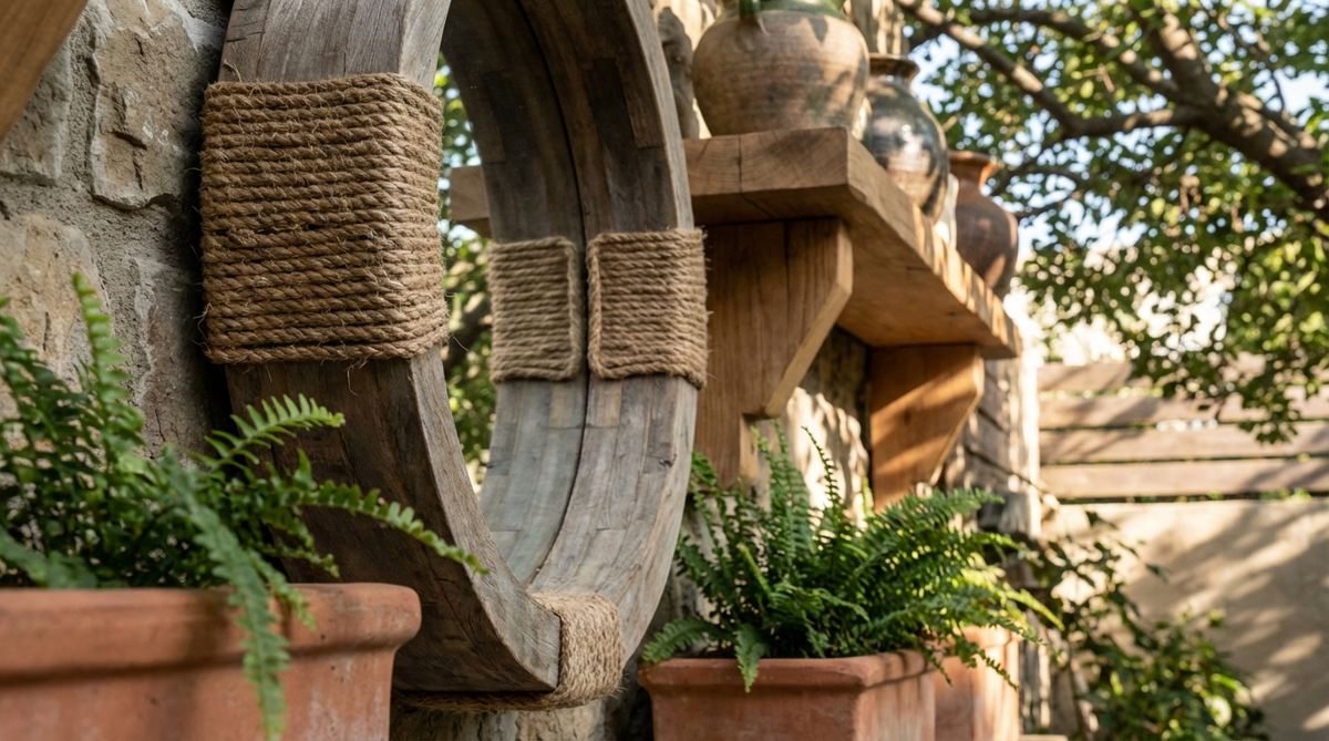 A close-up image showcasing wrapped hemp rope accents, transforming ordinary objects like mirror frames, planter edges, and shelf brackets into textured focal points. The natural fiber adds organic detail and a raw, unfinished quality, reinforcing the handcrafted character of bohemian decor.