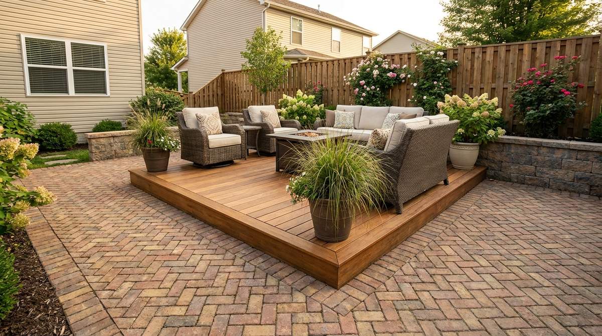 A small garden patio design featuring herringbone pavers with a rectangular deck inset, creating a durable surface with a dedicated seating area. The deck section provides a level, splinter-free platform for lounge furniture, seamlessly integrated with the paver field for varied textures and unified appearance.