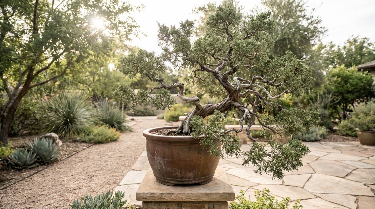 A Hollywood Juniper bonsai (Juniperus chinensis 'Torulosa') with naturally twisted branches, showcasing dynamic movement typical of Japanese garden bonsai styles, with detailed pruning techniques for scale foliage.