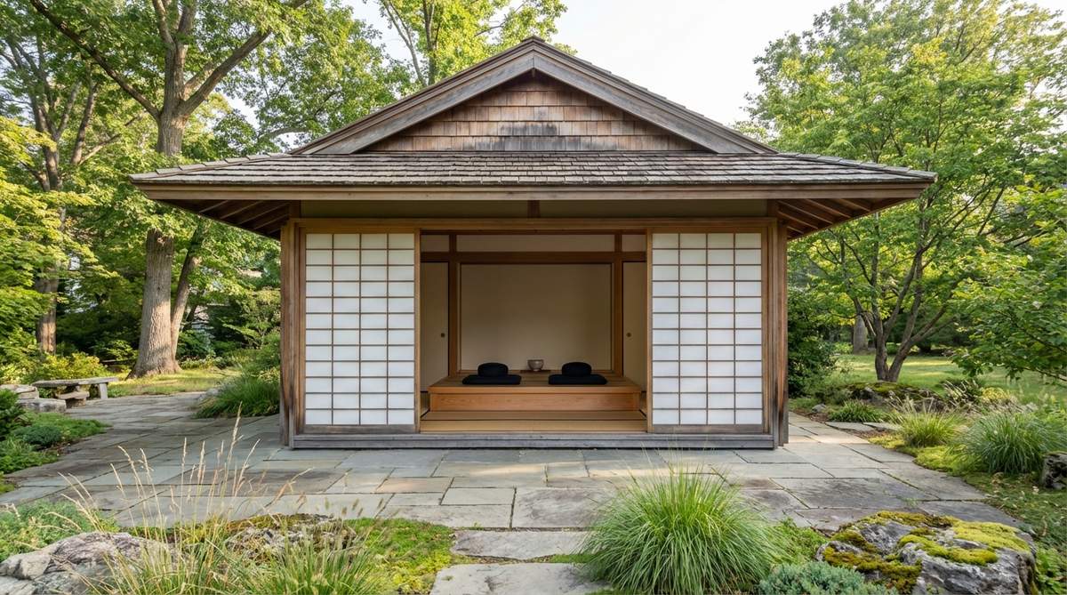 A simplified hondo design adapted from temple architecture for private meditation practice, featuring a single-room layout with minimal ornamentation, wide eaves, and gentle roof slopes. The building is oriented east for morning light during meditation sessions, with large shoji panels along the front wall that open completely to merge indoor and outdoor spaces. A raised platform (dan) at the rear wall elevates meditation cushions or a small altar above floor level, creating spatial hierarchy without permanent partitions.
