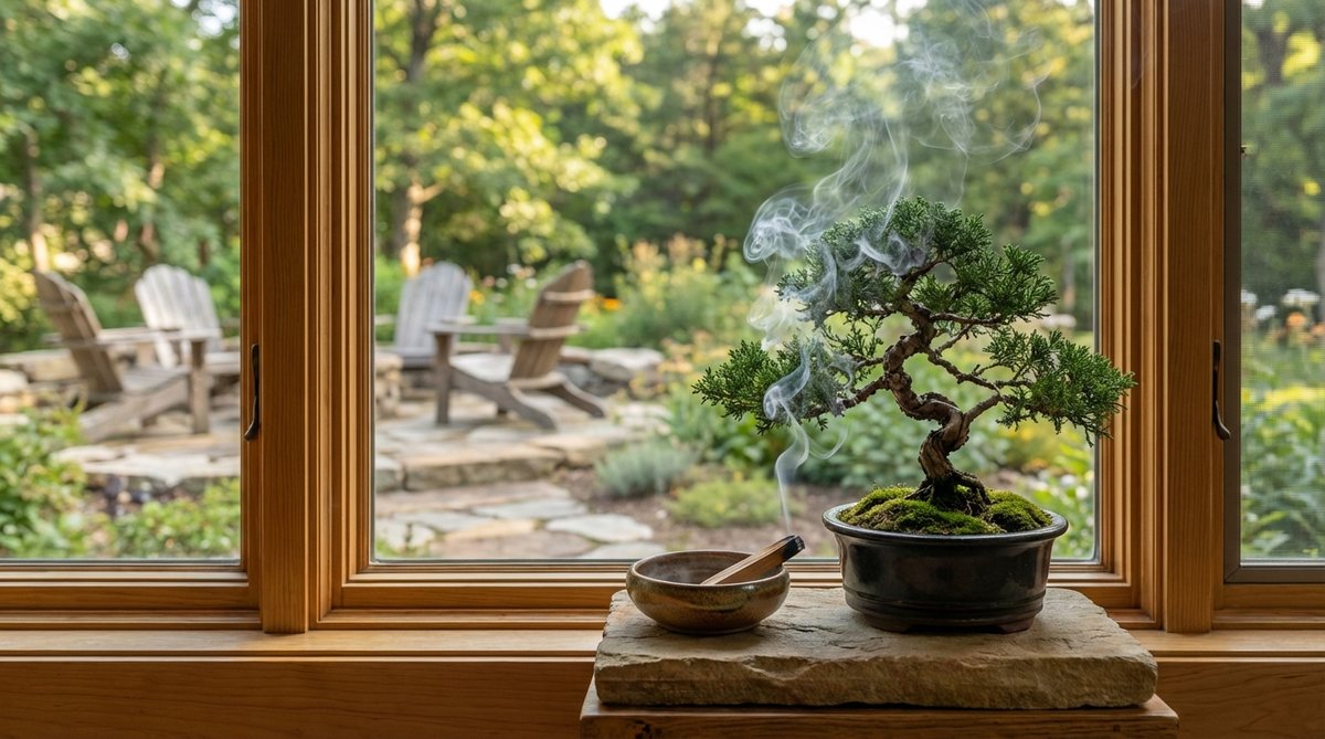 A Juniper bonsai tree positioned beside a ceramic incense holder on a shared windowsill platform, with sandalwood or cedar incense smoke rising to visually enhance the bonsai's canopy during meditation sessions. The holder complements the bonsai container in material and color for visual cohesion.