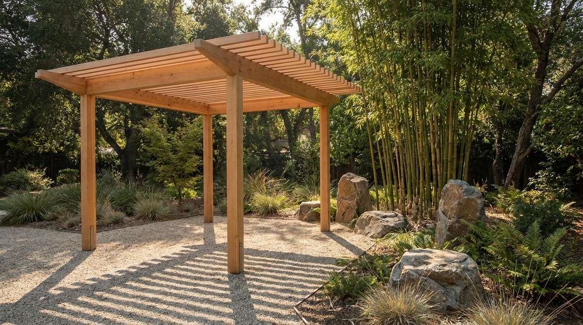 A clean-lined cedar pergola with extended beam ends and minimalist details, inspired by Japanese garden aesthetics. Features horizontal slat patterns that cast distinctive shadows, finished with natural oils to enhance wood grain and provide weather protection. Set in a peaceful small garden with gravel, bamboo plantings, and stone elements, creating a contemplative space ideal for quiet relaxation.