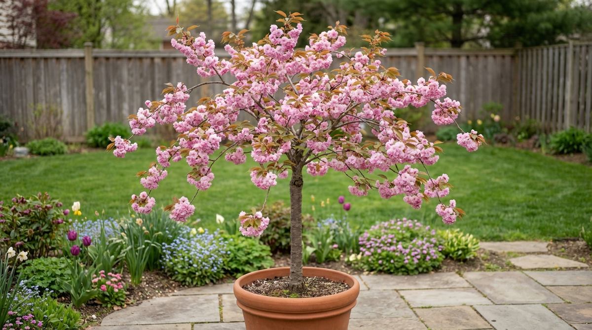 A small garden tree with double pink pompom flowers weighing down branches in mid-spring, featuring bronze new foliage and a vase-shaped canopy. Grafted onto dwarf rootstock, it reaches 10–12 feet tall and spreads 8 feet wide, ideal for pots or sunny spots with afternoon shade.